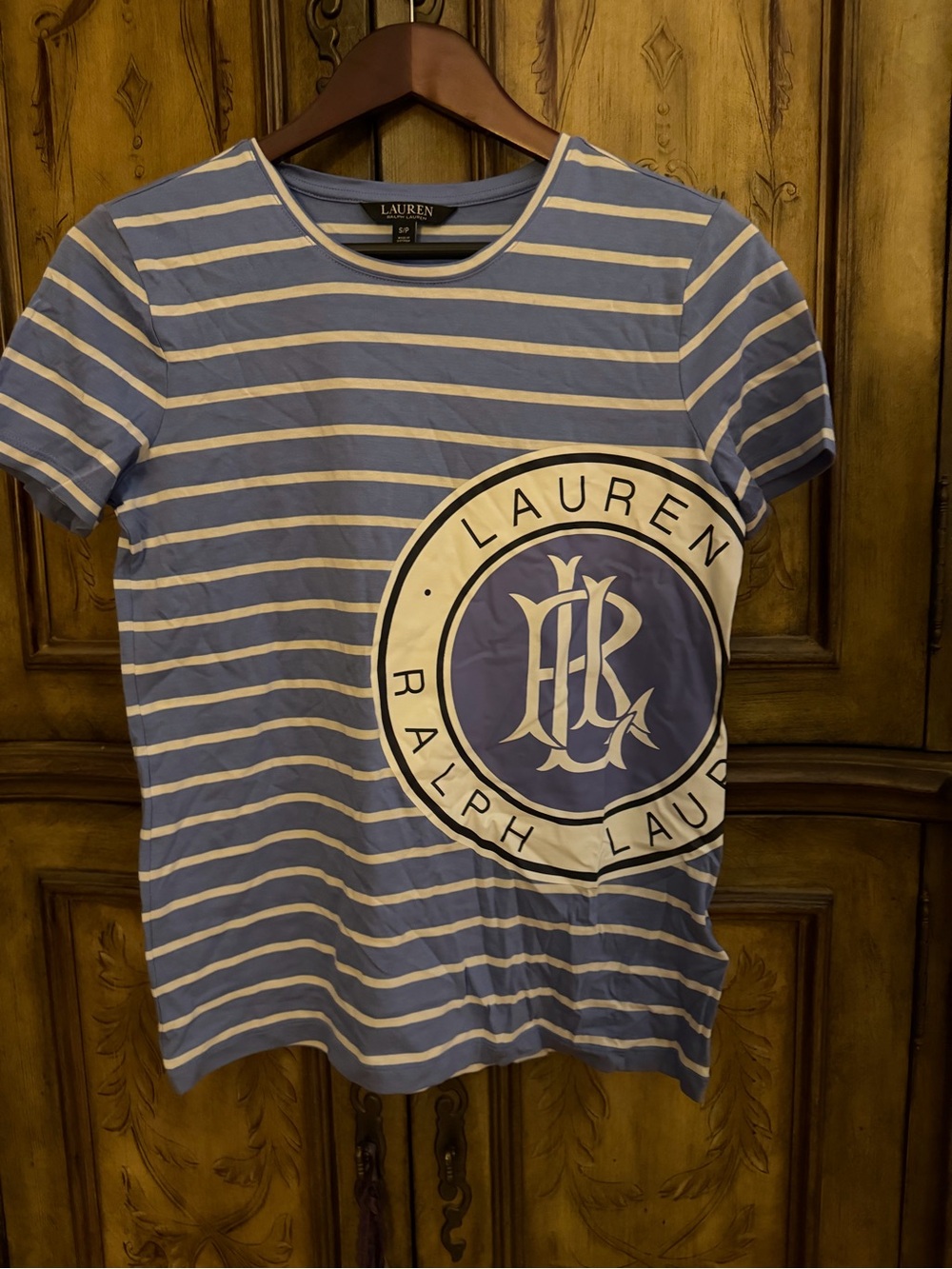 Ralph Lauren Blue and White Striped Logo Tee